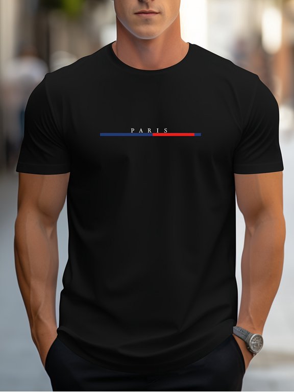 Men's Trend PARIS Flag Printed Shoulder T-Shirt