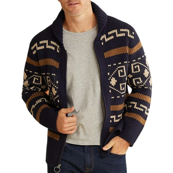 Men's Trendy Casual Loose Fleece-Lined Outerwear Knitted Cardigan Sweater, Navy Blue, Size L
