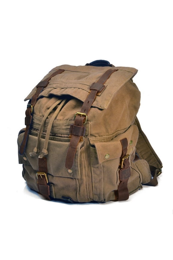 Men's Trendy "Colonial" Italian Style Canvas Backpack with Leather Straps - Khaki Tan