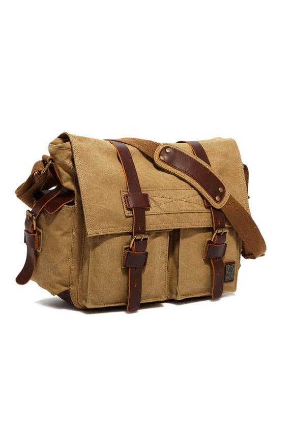 Men's Trendy "Colonial" Italian Style Messenger Bag with Leather Straps - Olive Brown