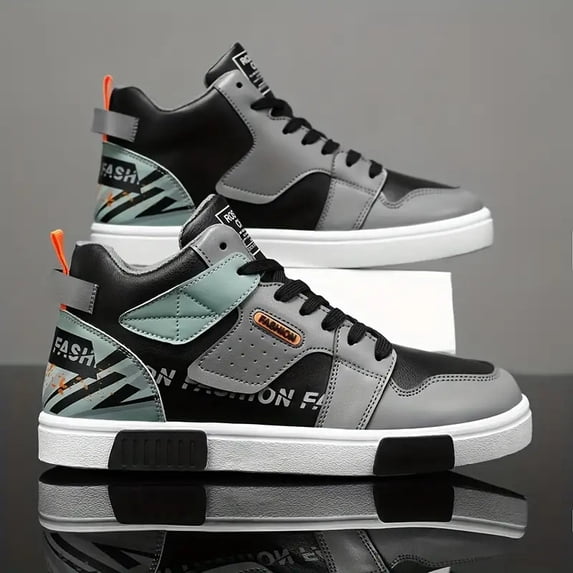 Men's Trendy Color-Block Casual Sneakers- Comfortable Non-Slip Wear-Resistant Outdoor High-Top Skate Shoes, Fashion Street Style Lace-Up Men's Shoes