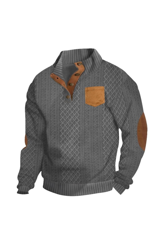 Men's Trendy Color Block Pullover Textured Vintage Collar Sweater Long Sleeve Sweatshirt with Elbow Patches