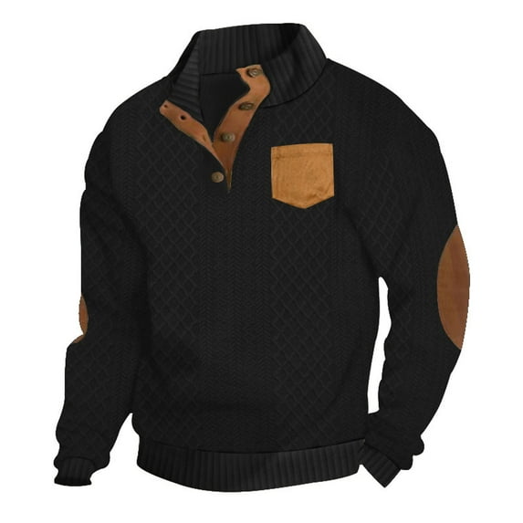Men's Trendy Color Block Pullover Textured Vintage Collar Sweater Long Sleeve Sweatshirt with Elbow Patches