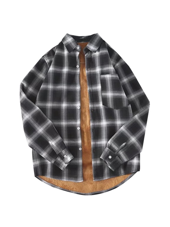 Men's Trendy Flannel Shirt Jacket Winter Fleece Lined Plaid Coats Soft Cargo Button Down Thick Thermal Shirts
