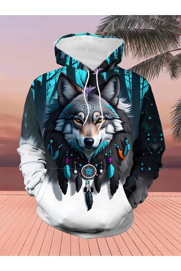 Men's Trendy Hooded Sweatshirt 3D Digital Print Wolf Totem Personalized Animal Pattern Loose Casual Pullover Top for Spring and Autumn, Long Sleeve Sportswear, Men's Premium Sweatshirt
