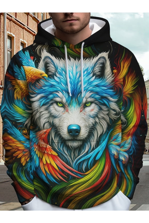 Men's Trendy Hooded Sweatshirt Personalized Wolf Head Digital Print Casual Sports Pullover Fashion Street Top Loose Comfortable Long Sleeve Sweatshirt, Sports Hoodie