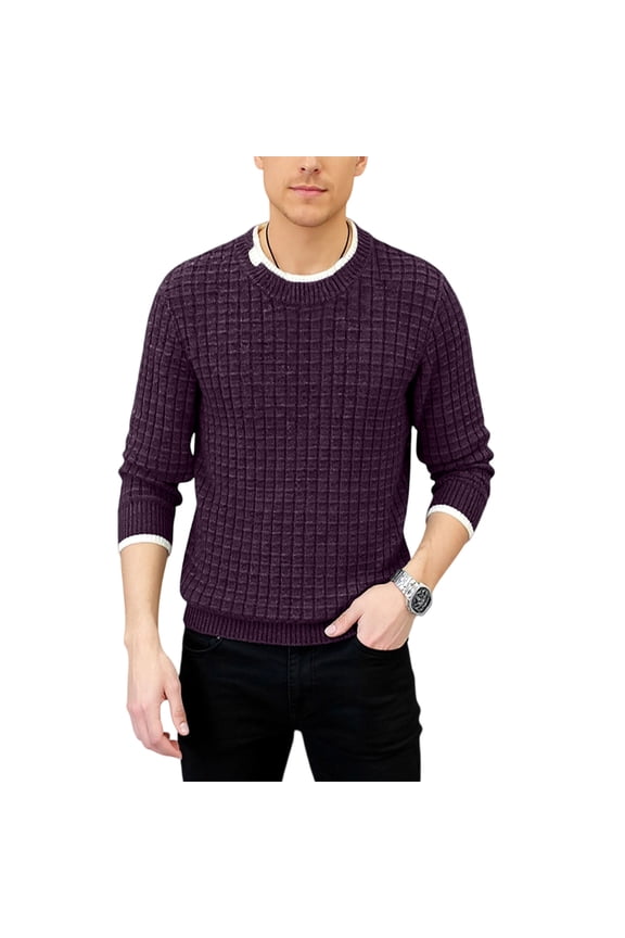 Men's Trendy Knitted Fake Two-Piece Crewneck Pullover - Long Sleeve Relaxed Fit, Purple XXXL