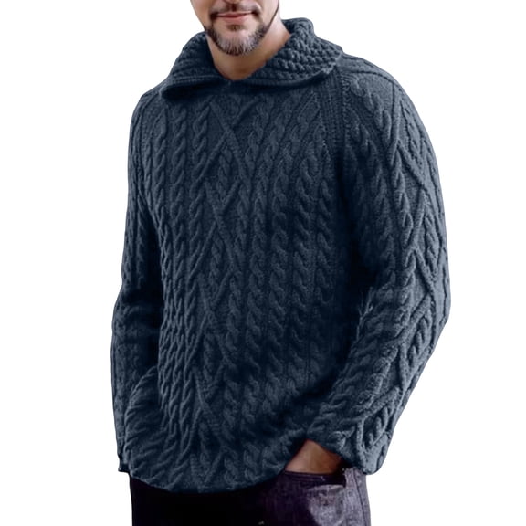 Men's Trendy Knitted Shawl Collar Pullover - Long Sleeve Relaxed Fit, Navy Blue M