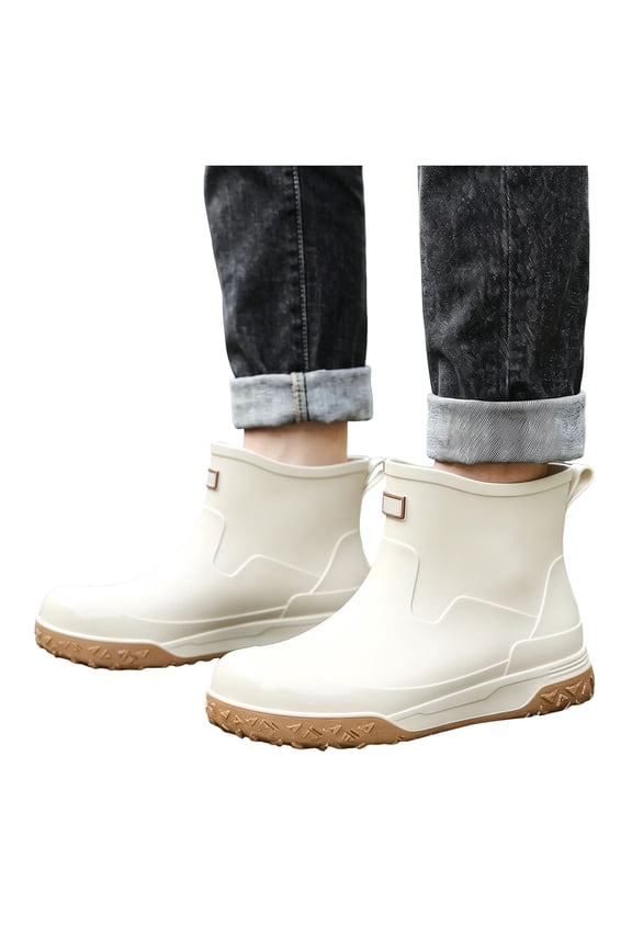 Men's Trendy Short Rain Boots Wide Calf Non Slip Work Shoes Waterproof Water Shoes for Outdoor Working Fishing White Size 9