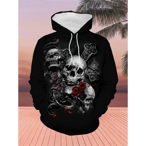 Men's Trendy Skull Digital Print Hoodie Dark Style Personality Crossbones Rose Pattern Pullover Street Fashion Casual Loose Long Sleeve Top, Long Sleeve Hoodie, Sweatshirt