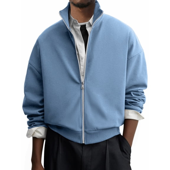 Men's Trendy Stand-Up Collar Jacket - Solid Color Zip-Up Long-Sleeve Casual Outerwear, Fashionable Design, Blue, M