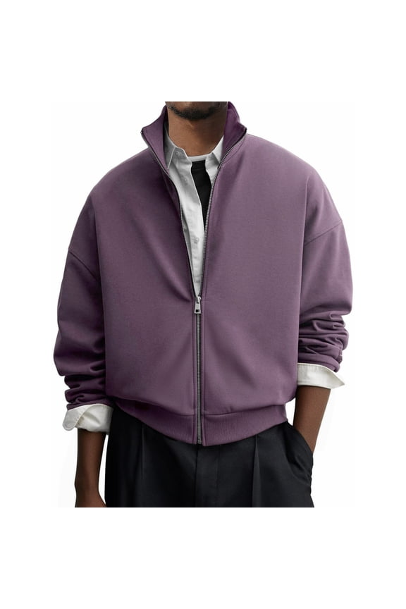 Men's Trendy Stand-Up Collar Jacket - Solid Color Zip-Up Long-Sleeve Casual Outerwear, Fashionable Design, Purple, XXXL