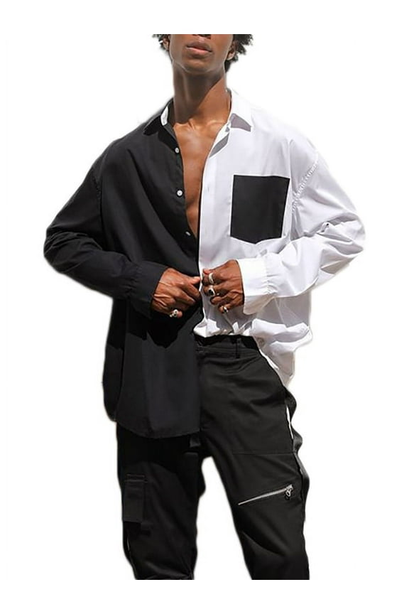 Men's Trendy Streetwear Patchwork Top Shirt White Black Lapel Long Sleeve Shirts