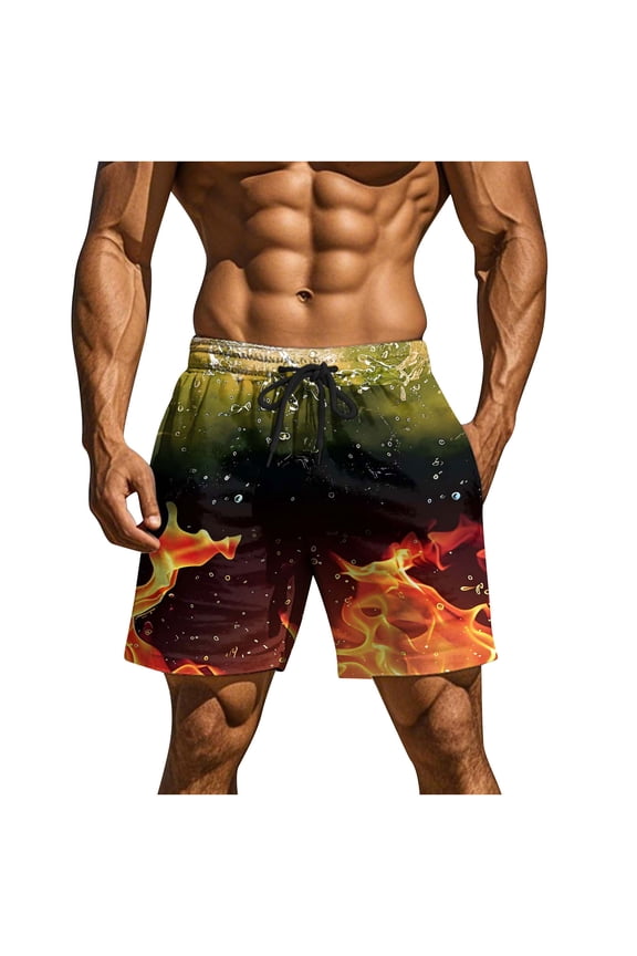 Men's Trendy Swim Trunks - Vibrant Flame Print & Mesh Liner | Quick-Dry Hawaiian Bathing Suit with Secure Pockets for Beach