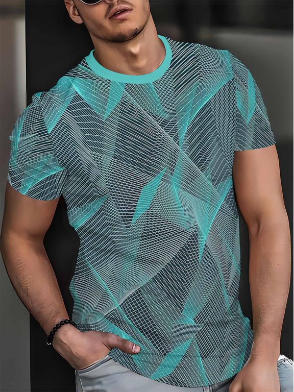Men's Trendy Tech-Style Printed Short-Sleeve T-Shirt, Dark Gray Base with Teal Grid, Summer Casual Top
