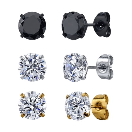Men's Tri-Color Stainless Steel Round Cubic Zirconia Stud Earring Trio