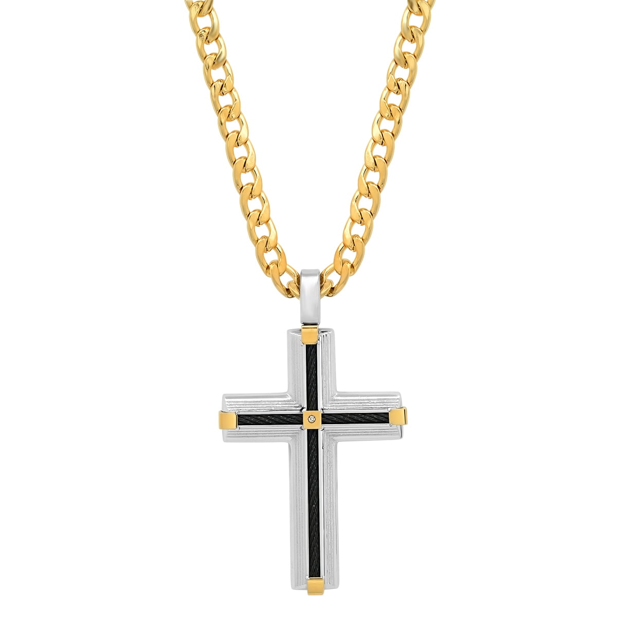 Men's Tri-colored Black ip Cross Pendant with 18k Gold Plating and Simulated Diamond
