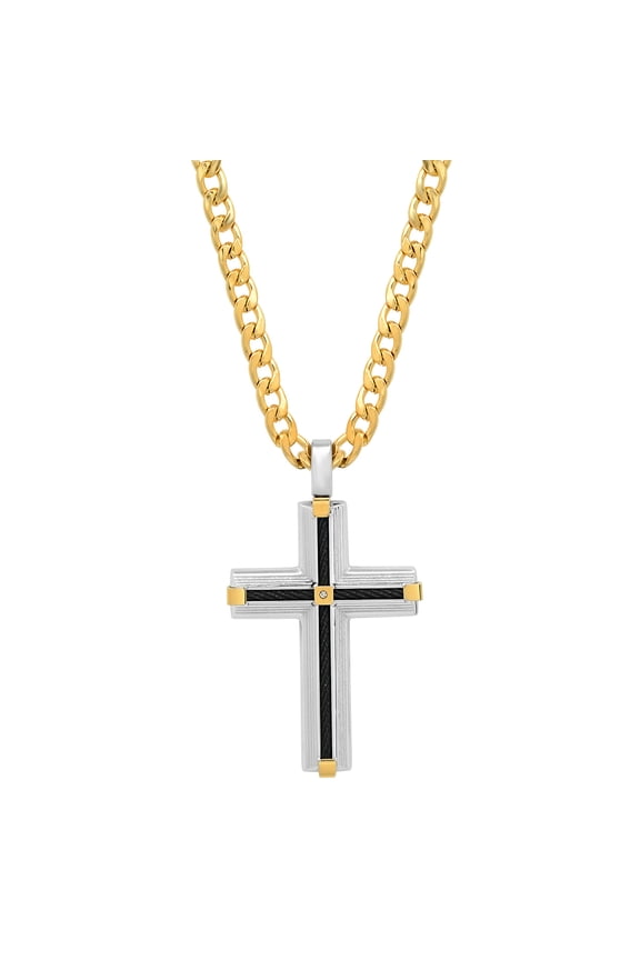 Men's Tri-colored Black ip Cross Pendant with 18k Gold Plating and Simulated Diamond