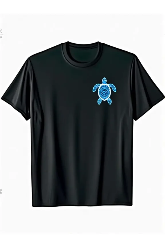 Men's Tribal Turtle Graphic T-Shirt - 100% Cotton Short Sleeve with Blue & White Tribal Sea Turtle Print, Relaxed Fit Round Neck Casual & Beachwear, Breathable All-Season