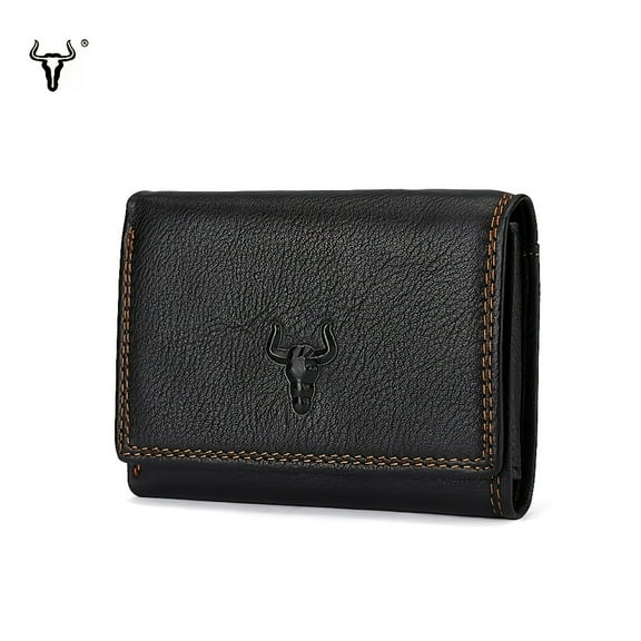 Men's Trifold Wallet,Genuine Leather Wallet Credit Card Holder, Top Grain Cowhide Casual Solid Color Trifold Men Purse With Polyester Lining, Non-Braided Weave Credit Card Holder,Black