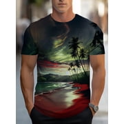 Men's Tropical Beach Scene T-Shirt - Soft, lightweight, comfortable fabric, bright colors, short sleeve design, suitable for outdoor activities, travel and casual wear