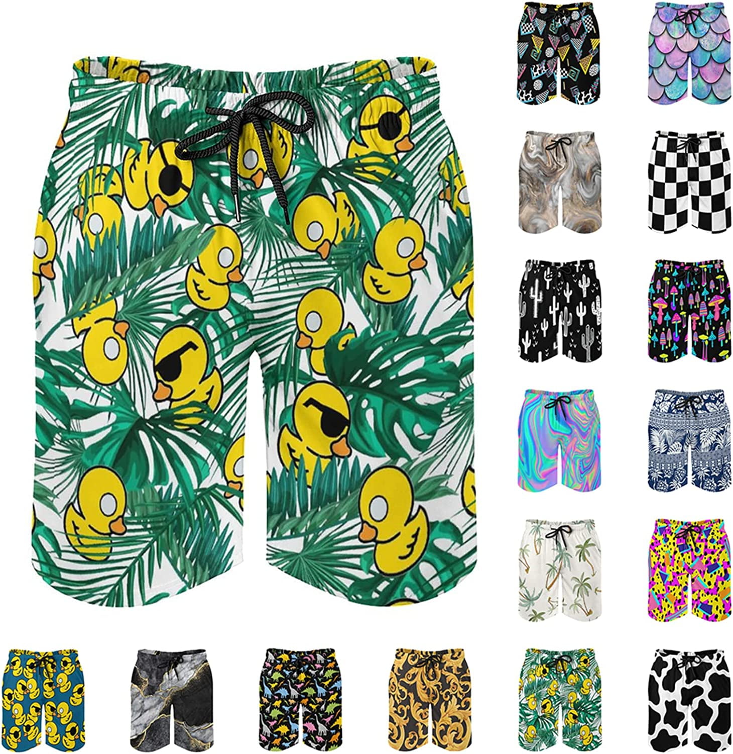 Men's TropicalLeavesCuteSunglassesRubberDuck Swim Shorts Quick Dry Summer Beach Trunks