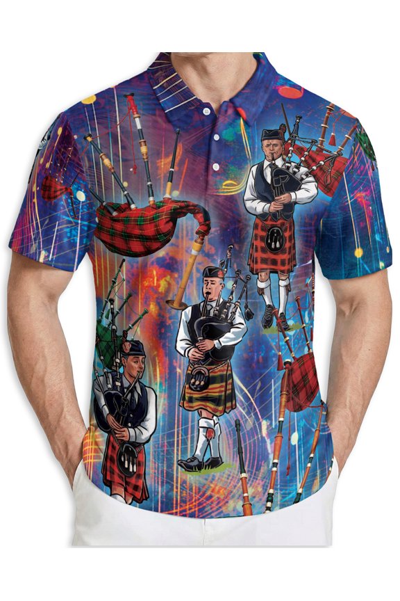 Men's Tropical Polo Shirt, Bagpipes Player Print with Sunglasses, Summer Casual Beach Shirt
