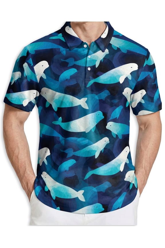 Men's Tropical Polo Shirt, Beluga whales Print Short Sleeve Moisture Wicking Quick Dry, Summer Casual Beach Shirt