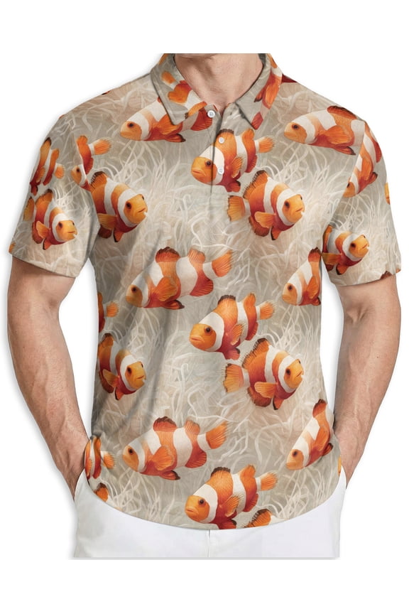 Men's Tropical Polo Shirt, Clownfish Print Short Sleeve Moisture Wicking Quick Dry, Summer Casual Beach Shirt