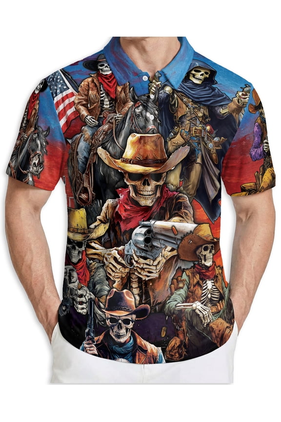 Men's Tropical Polo Shirt, Cowboy Skeleton 3D Print Short Sleeve Moisture Wicking Quick Dry, Summer Casual Beach Shirt