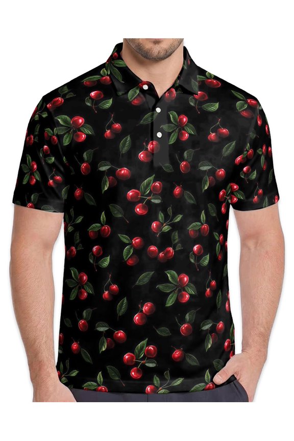 Men's Tropical Polo Shirt, Cranberry Print with Sunglasses, Summer Casual Beach Shirt