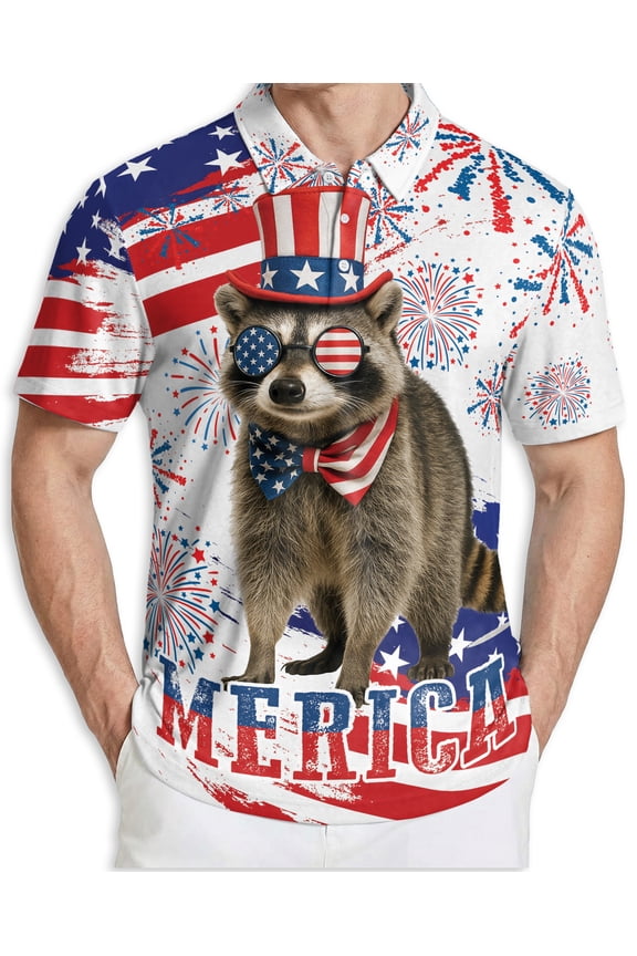 Men's Tropical Polo Shirt, Funny Merica Racoon 4th of July Independence Day American Flag Hawaiian Print Short Sleeve Moisture Wicking Quick Dry, Summer Casual Beach Shirt