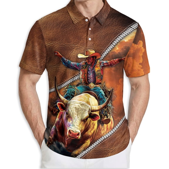 Men's Tropical Polo Shirt, It's Rodeo Time - Bull Riding Print with Sunglasses, Summer Casual Beach Shirt