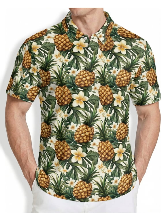 Men's Tropical Polo Shirt, Pineapple Gold Print with Sunglasses, Summer Casual Beach Shirt