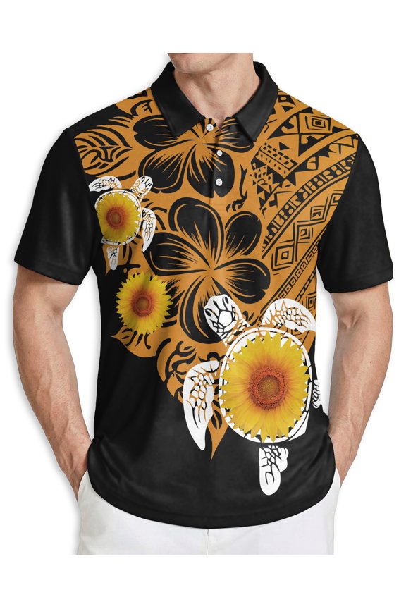 Men's Tropical Polo Shirt, Polynesian Sea Turtle Print with Sunglasses, Summer Casual Beach Shirt