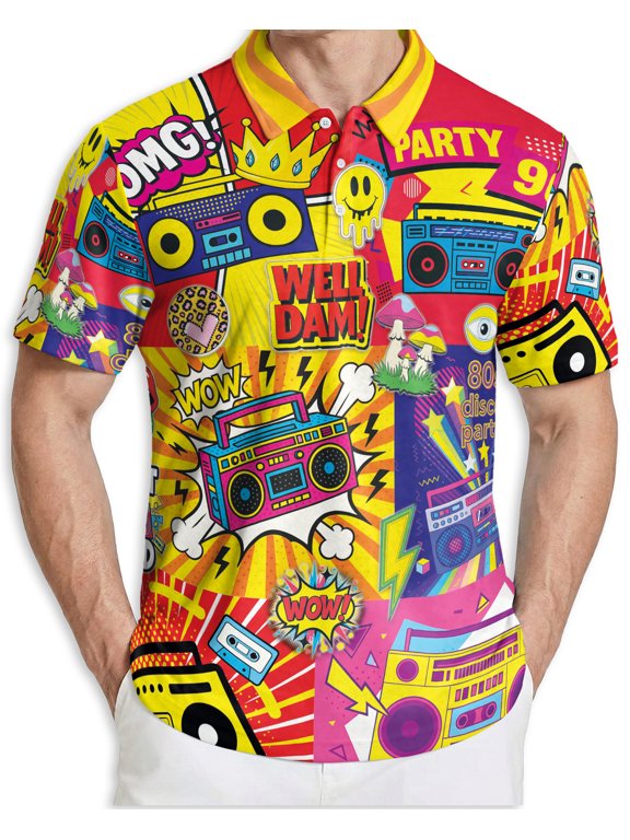 Men's Tropical Polo Shirt, Radio Music Pop Art Print Short Sleeve Moisture Wicking Quick Dry, Summer Casual Beach Shirt
