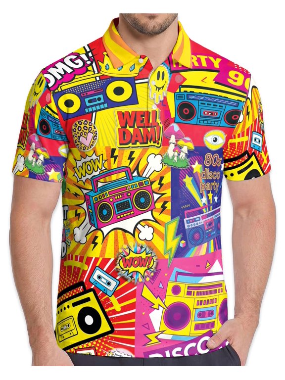 Men's Tropical Polo Shirt, Radio Music Pop Art Print with Sunglasses, Summer Casual Beach Shirt