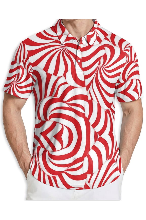 Men's Tropical Polo Shirt, Red And White Candy Cane Stripes Print with Sunglasses, Summer Casual Beach Shirt