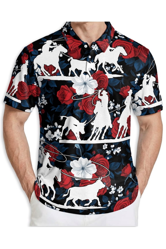 Men's Tropical Polo Shirt, Team Roping Roper Horse Racing Flowers Rose Red Print Short Sleeve Moisture Wicking Quick Dry, Summer Casual Beach Shirt