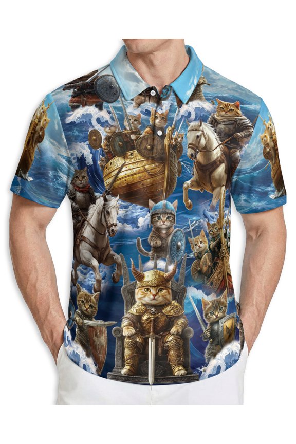 Men's Tropical Polo Shirt, Viking Cat Print with Sunglasses, Summer Casual Beach Shirt