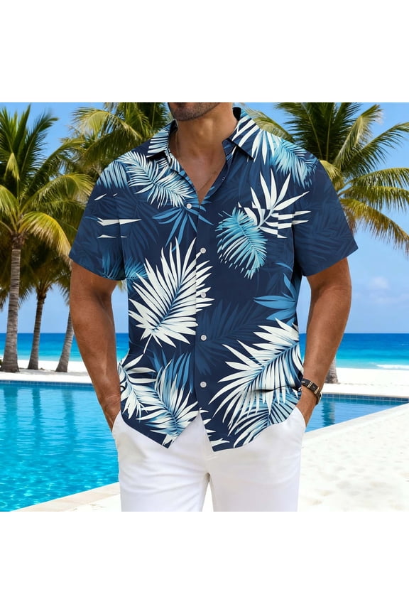 Men's Tropical Print Short Sleeve Aloha Shirts Stylish Hawaiian Button Down V Neck Tops Summer Beach Stretchy Breathable Tees