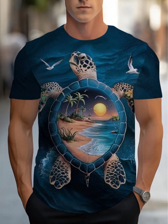 Men's Tropical Turtle Pattern T-Shirt - Vivid beach sunset design with palm trees and waves, breathable fit summer casual sweatshirt, machine washable,