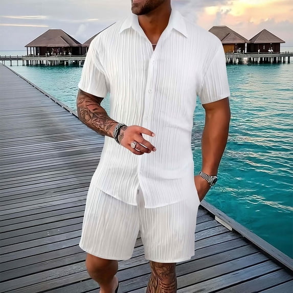 Men's Tropical Vacation Short Sleeve Button Down Shirt and Shorts Matching Set Summer Beach Casual Wear White L