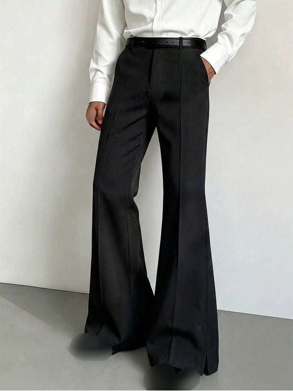 Men's Trousers Mid Rise Pleated Front Button Fly Flare Leg Loose Fit Full Length Pants with Pockets
