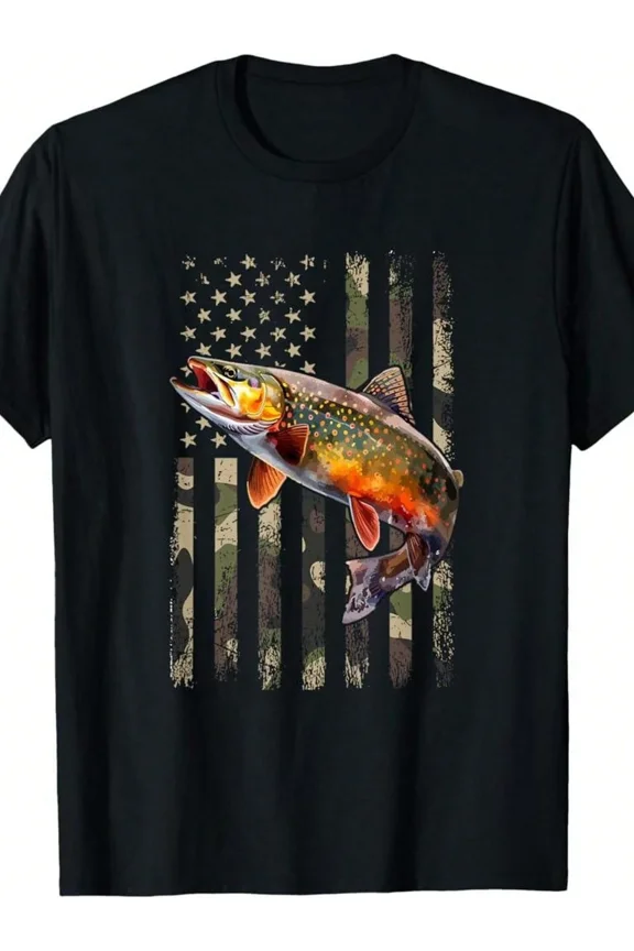 Men's Trout Fishing American Flag Camo Graphic T-Shirt Patriotic Angler Tee