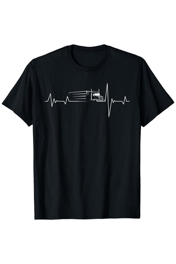 Men's Trucker Heartbeat Graphic T-Shirt, Big Rig Semi Truck Driving EKG Line Tee