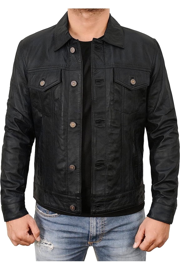 Men's Trucker Leather Jacket - Black