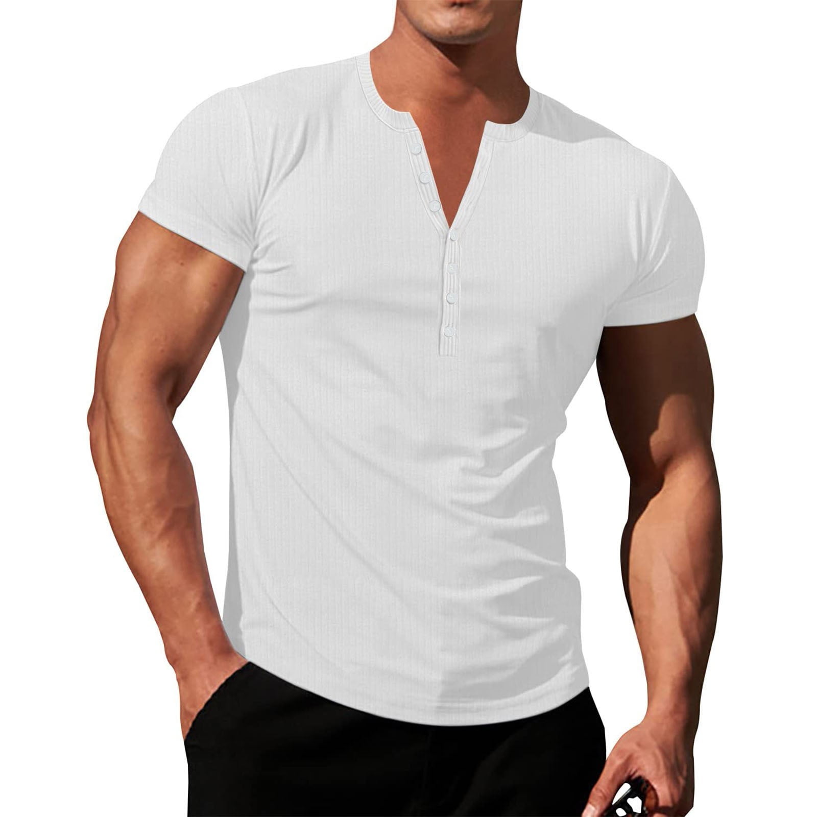 Men's Tshirts Knit Stretch Henley Workout Slim Fit Short Sleeve Tees ...