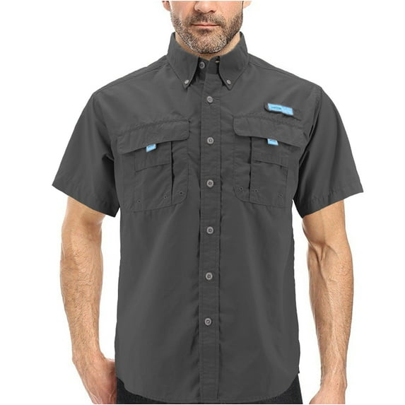 Men’s Tuna Waterproof Quick Dry UPF 50+ Nylon Short Sleeve Fishing Button Shirt (Charcoal, L)
