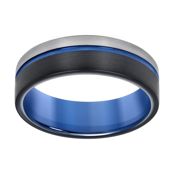 Men's Tungsen Blue, Grey, & Black Tri-Color Brushed Finish w/ Groove Comfort Fit 8mm Wedding Band | Size 7